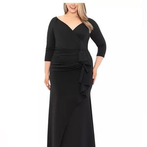 Xscape Ruched Scuba Knit Side Ruffle Gown in Navy Blue Size 20W